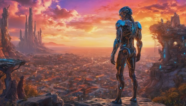 solo, 1boy, outdoors, sky, cloud, from behind, robot, scenery, science fiction, sunset, city, ruins