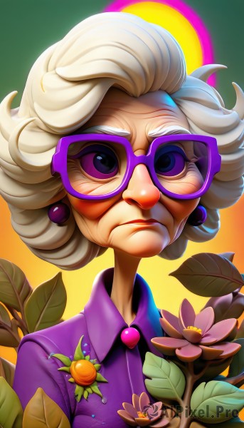 1girl,solo,looking at viewer,short hair,shirt,jewelry,closed mouth,purple eyes,upper body,flower,white hair,earrings,glasses,collared shirt,lips,gradient,gradient background,eyelashes,makeup,frown,leaf,lipstick,curly hair,purple shirt,old,old woman,wrinkled skin,blue eyes,dress,artist name,watermark,formal,brooch,portrait,yellow background,web address,eyeshadow,green background,nose,badge