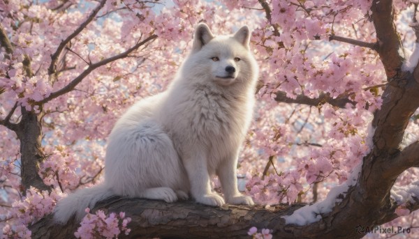 outdoors, day, tree, no humans, animal, cherry blossoms, dog, realistic, branch, animal focus, spring (season)