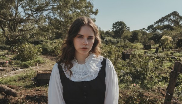 1girl,solo,long hair,looking at viewer,brown hair,shirt,long sleeves,dress,brown eyes,white shirt,upper body,outdoors,frills,parted lips,sky,sleeveless,day,vest,black dress,tree,blue sky,lips,wavy hair,blouse,nature,scenery,freckles,realistic,fence,medium hair,grass