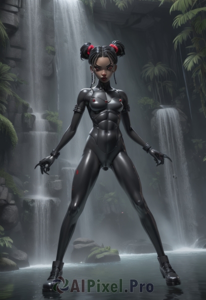 1girl,solo,breasts,looking at viewer,short hair,black hair,red eyes,jewelry,medium breasts,standing,full body,earrings,small breasts,outdoors,parted lips,shoes,shiny,dark skin,water,hair bun,black footwear,bracelet,dark-skinned female,tree,lips,wet,double bun,bodysuit,covered navel,makeup,cameltoe,glowing,ass visible through thighs,plant,nature,glowing eyes,skin tight,claws,science fiction,legs apart,shiny clothes,black bodysuit,latex,waterfall,covered collarbone,dreadlocks,latex bodysuit,hair ornament,gloves,covered nipples,piercing,lipstick,sneakers,forest,zipper,red lips,platform footwear,very dark skin