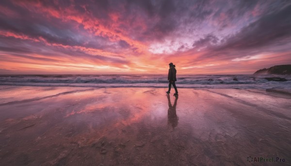 solo, 1boy, standing, male focus, outdoors, sky, cloud, from behind, dutch angle, ocean, beach, cloudy sky, scenery, reflection, sunset, sand, horizon, footprints