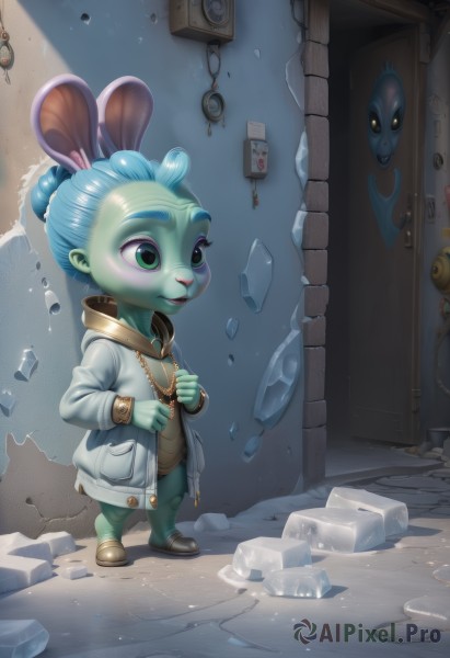 1girl,solo,1boy,animal ears,jewelry,green eyes,blue hair,standing,jacket,full body,male focus,open clothes,shoes,artist name,hood,necklace,hair bun,colored skin,child,furry,ice,mouse ears,blue skin,door,furry female,glass,key,male child,broken,mouse,broken glass,buck teeth,long sleeves,rabbit ears,bracelet,coat,watermark,single hair bun,monster girl,green skin,wall,crack