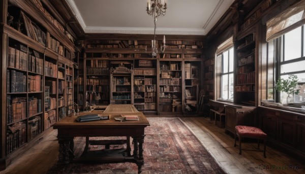 day,indoors,book,no humans,window,chair,table,sunlight,plant,scenery,wooden floor,bookshelf,potted plant,lamp,candle,stool,shelf,book stack,library,ceiling,ladder,carpet,candlestand,ceiling light,rug,chandelier