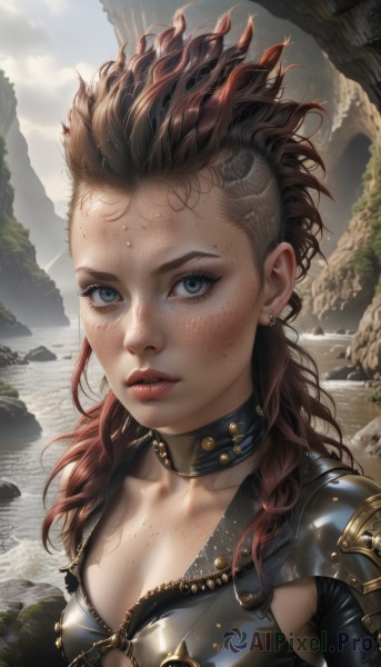 1girl,solo,long hair,breasts,looking at viewer,blue eyes,brown hair,cleavage,jewelry,medium breasts,collarbone,upper body,red hair,multicolored hair,earrings,small breasts,outdoors,parted lips,choker,day,artist name,water,armor,lips,wet,eyelashes,bodysuit,piercing,shoulder armor,messy hair,forehead,zipper,freckles,pauldrons,rock,mountain,realistic,nose,red lips,river,body freckles,braid,sweat,sky,cloud,collar,makeup,cloudy sky,curly hair,undercut,shoulder pads,dirty,mohawk