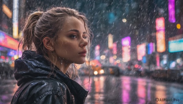 1girl, solo, blue eyes, brown hair, jewelry, jacket, upper body, ponytail, earrings, outdoors, blurry, lips, wet, night, depth of field, freckles, rain, city, realistic, nose, neon lights