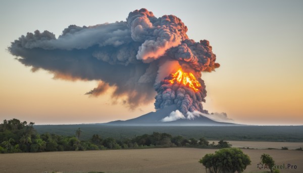 outdoors,sky,cloud,water,tree,no humans,ocean,beach,cloudy sky,fire,nature,scenery,forest,smoke,sunset,mountain,sand,horizon,road,explosion,landscape,shore,burning,monster,giant,kaijuu