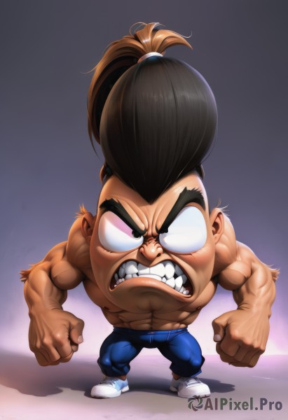 solo,brown hair,black hair,1boy,full body,ponytail,male focus,shoes,teeth,pants,chibi,muscular,abs,thick eyebrows,denim,clenched teeth,sneakers,angry,clenched hands,topless male,jeans,topknot,long hair,looking at viewer,standing,v-shaped eyebrows,frown,white footwear,blue shorts,blue pants,mohawk