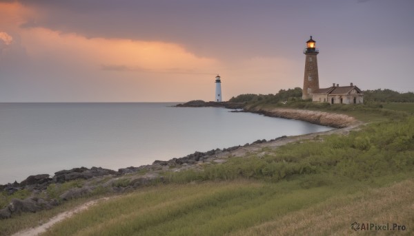 outdoors,sky,cloud,water,tree,no humans,ocean,grass,building,scenery,sunset,horizon,road,river,evening,tower,landscape,path,lighthouse