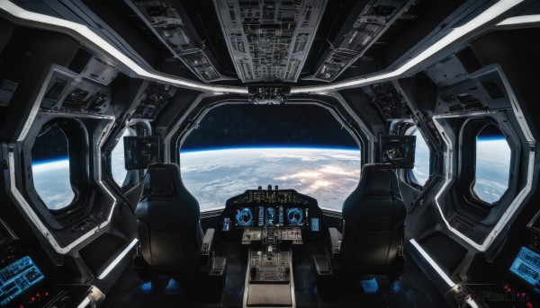 no humans,star (sky),scenery,science fiction,realistic,space,planet,earth (planet),spacecraft,cockpit,cloud,english text,window