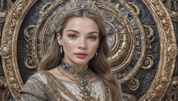 1girl,solo,long hair,looking at viewer,blue eyes,brown hair,dress,jewelry,closed mouth,upper body,earrings,necklace,lips,grey eyes,crown,gem,portrait,freckles,realistic,fantasy,makeup,expressionless,tiara,forehead,nose,red lips,gold