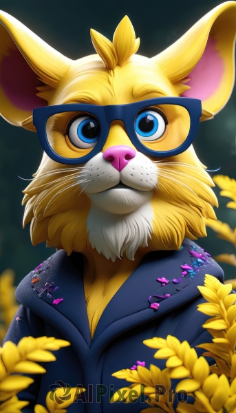 solo,looking at viewer,blue eyes,1boy,animal ears,closed mouth,jacket,upper body,flower,male focus,glasses,artist name,hood,blurry,mask,blurry background,facial hair,watermark,furry,yellow flower,furry male,animal nose,whiskers,blue-framed eyewear,no humans,animal,antenna hair,plant,web address,pink flower,freckles,mouse ears,straight-on,buck teeth