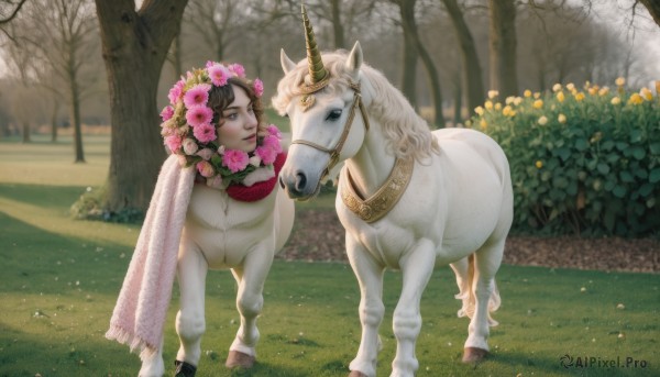 1girl,smile,blue eyes,brown hair,black hair,hair ornament,1boy,flower,outdoors,horns,day,hair flower,tree,animal,grass,nature,veil,single horn,pink flower,forest,realistic,head wreath,horse,flower wreath,unicorn,solo,standing,no humans