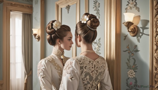 1girl,solo,brown hair,hair ornament,long sleeves,dress,brown eyes,jewelry,upper body,braid,flower,earrings,parted lips,indoors,hair flower,dark skin,necklace,hair bun,from behind,white dress,lips,eyelashes,window,double bun,makeup,shadow,floral print,single hair bun,white flower,lipstick,curtains,gem,reflection,beads,mirror,bead necklace,pearl necklace,updo,nape,pearl (gemstone),different reflection,looking at mirror,smile,dark-skinned female