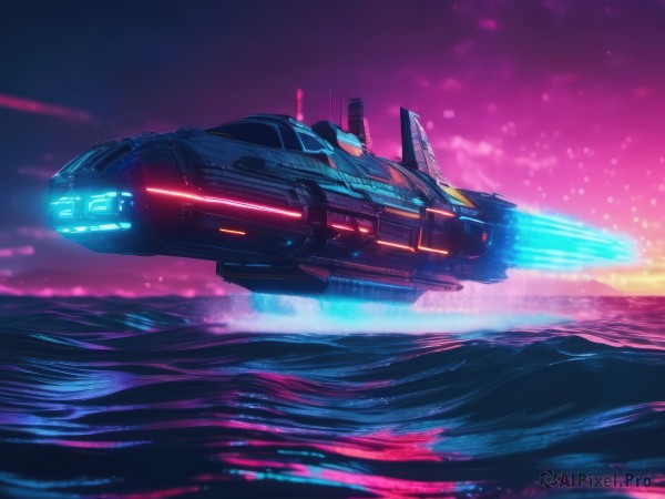 sky,signature,water,military,no humans,glowing,ocean,star (sky),flying,science fiction,realistic,military vehicle,space,watercraft,vehicle focus,spacecraft,lights,thrusters,outdoors,cloud,night,scenery,starry sky,waves