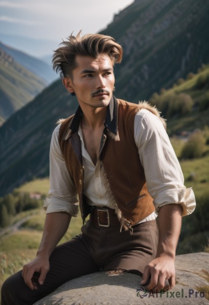 solo,short hair,brown hair,shirt,black hair,1boy,brown eyes,jewelry,sitting,white shirt,male focus,outdoors,parted lips,sky,day,collared shirt,belt,pants,blurry,vest,lips,looking to the side,blurry background,facial hair,scar,black pants,rock,mountain,realistic,brown belt,brown pants,dirty,brown vest,open clothes,open shirt,mustache,open vest,arm hair,log