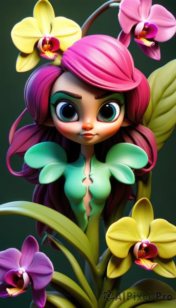 1girl,solo,long hair,breasts,looking at viewer,blue eyes,simple background,green eyes,upper body,pink hair,flower,multicolored hair,small breasts,lips,eyelashes,makeup,leaf,plant,lipstick,monster girl,eyeshadow,green background,green skin,plant girl,hair ornament,purple hair,wings,hair flower,colored skin,fairy