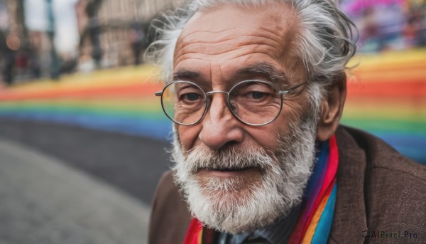 solo,looking at viewer,shirt,1boy,closed mouth,jacket,upper body,white hair,grey hair,male focus,outdoors,necktie,glasses,day,collared shirt,blurry,black eyes,blurry background,facial hair,formal,portrait,beard,black-framed eyewear,brown jacket,realistic,round eyewear,mustache,old,rainbow,old man,wrinkled skin,striped,lips,depth of field,black necktie,lens flare,nose