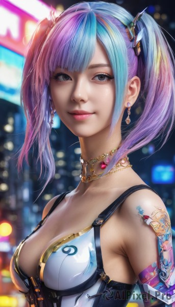 1girl,solo,breasts,looking at viewer,smile,bangs,hair ornament,cleavage,bare shoulders,twintails,jewelry,medium breasts,closed mouth,blue hair,collarbone,upper body,pink hair,multicolored hair,earrings,choker,necklace,blurry,black eyes,two-tone hair,lips,streaked hair,grey eyes,tattoo,makeup,blurry background,realistic,nose,cyborg,cyberpunk,blue eyes,swimsuit,purple hair,heart,bikini,artist name,eyelashes,depth of field,watermark,corset,freckles