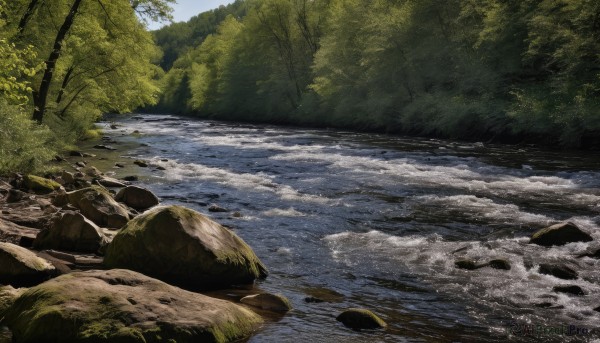 outdoors,sky,day,water,tree,no humans,grass,nature,scenery,forest,rock,river,stream,cloud,signature,blue sky,landscape