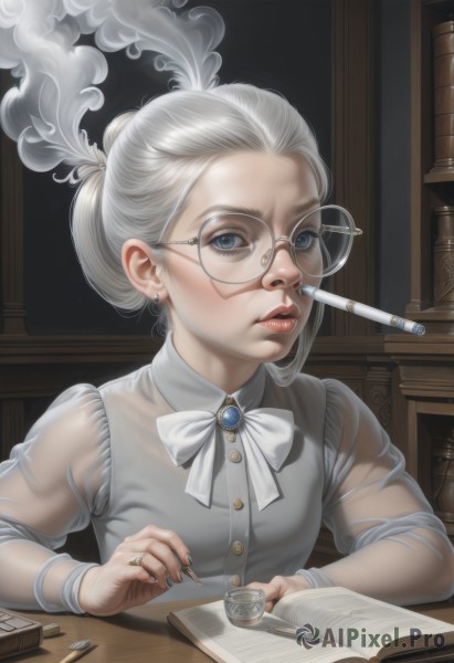 1girl,solo,looking at viewer,blue eyes,shirt,bow,holding,jewelry,sitting,upper body,white hair,grey hair,earrings,parted lips,glasses,indoors,hair bun,nail polish,cup,lips,see-through,book,table,single hair bun,ring,brooch,smoke,teacup,open book,realistic,round eyewear,smoking,bookshelf,pen,stud earrings,pencil,rimless eyewear,book stack,library,writing,quill,nib pen (object),inkwell,long sleeves,bowtie,fingernails,white bow,nose,white bowtie