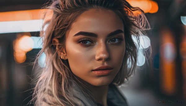 1girl,solo,long hair,looking at viewer,brown hair,brown eyes,parted lips,dark skin,blurry,dark-skinned female,lips,looking to the side,eyelashes,depth of field,blurry background,thick eyebrows,messy hair,portrait,freckles,realistic,nose,jewelry,earrings,close-up