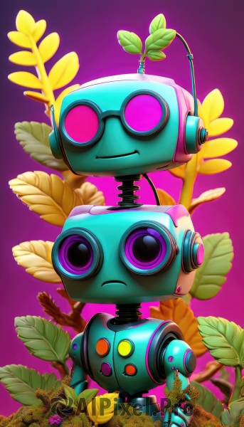 solo,looking at viewer,closed mouth,standing,full body,flower,artist name,pink eyes,gradient,gradient background,no humans,headphones,leaf,plant,robot,mecha,purple background,yellow flower,non-humanoid robot,simple background,1boy,upper body,frown,pink background,goggles,branch,humanoid robot