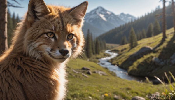 brown eyes,closed mouth,yellow eyes,outdoors,sky,day,signature,blurry,tree,no humans,depth of field,blurry background,animal,cat,grass,nature,scenery,rock,mountain,realistic,animal focus,river,whiskers,water,blue sky