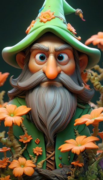 solo,looking at viewer,gloves,1boy,hat,brown eyes,jacket,upper body,flower,white hair,grey hair,male focus,artist name,gradient,gradient background,witch hat,facial hair,thick eyebrows,beard,freckles,green jacket,green headwear,mustache,mushroom,old,old man,wizard hat,orange flower,green coat,wizard,blue eyes