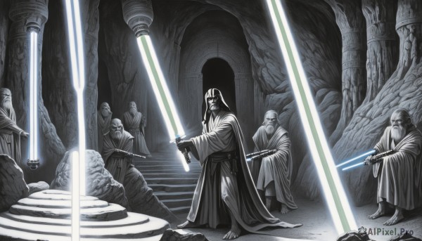 long hair,holding,sitting,standing,monochrome,weapon,male focus,multiple boys,barefoot,sword,hood,holding weapon,armor,holding sword,helmet,cloak,science fiction,robe,stairs,ruins,multiple others,pillar,throne,statue,glowing weapon,energy sword,lightsaber,1boy,boots,cape,realistic,alien