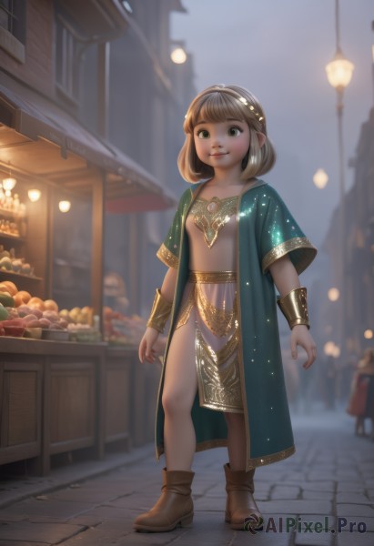 1girl,solo,looking at viewer,smile,short hair,bangs,skirt,brown hair,brown eyes,jewelry,closed mouth,green eyes,standing,full body,hairband,boots,outdoors,food,solo focus,artist name,medium hair,blurry,flat chest,bracelet,lips,night,fruit,depth of field,blurry background,brown footwear,building,gem,child,robe,lantern,fantasy,female child,bracer,bread,lamppost,town,pavement,breasts,dress,short sleeves,day,pointy ears,nail polish,pelvic curtain,walking,green dress,road,street,shop,storefront