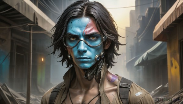 HQ,1girl,solo,looking at viewer,short hair,black hair,1boy,brown eyes,jewelry,collarbone,jacket,yellow eyes,upper body,male focus,outdoors,necklace,lips,colored skin,scar,goggles,building,portrait,science fiction,city,realistic,nose,blue skin,cyborg,dirty,cyberpunk,dirty face,messy hair,close-up,android,cable,mechanical arms,tinted eyewear,damaged,single mechanical arm,mechanical parts,blue-tinted eyewear