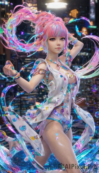 1girl,solo,long hair,breasts,looking at viewer,bangs,navel,cleavage,jewelry,medium breasts,blue hair,ponytail,pink hair,braid,multicolored hair,earrings,barefoot,water,necklace,nail polish,blurry,arm up,bracelet,two-tone hair,lips,grey eyes,night,floating hair,building,floating,blue nails,city,anklet,closed mouth,standing,purple eyes,thighs,outdoors,sky,artist name,blunt bangs,pink eyes,high heels,streaked hair,fingernails,blurry background,watermark,gem,night sky,armlet,realistic,cityscape,navel piercing,skyscraper,city lights