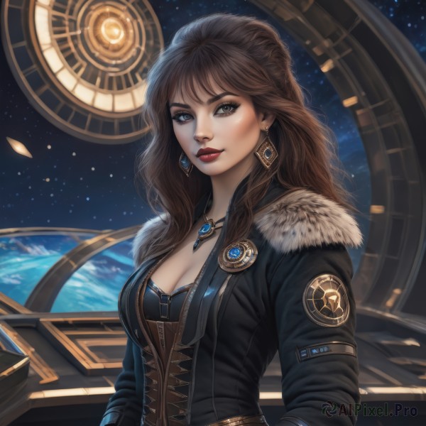 1girl,solo,long hair,breasts,looking at viewer,smile,bangs,blue eyes,large breasts,brown hair,long sleeves,cleavage,brown eyes,jewelry,medium breasts,closed mouth,jacket,upper body,earrings,open clothes,sky,belt,necklace,open jacket,lips,coat,black jacket,grey eyes,fur trim,makeup,wavy hair,lipstick,gem,star (sky),corset,pendant,eyeshadow,starry sky,nose,red lips,fur-trimmed jacket,eyeliner,space,leather,planet,leather jacket,earth (planet),artist name,eyelashes,realistic,emblem