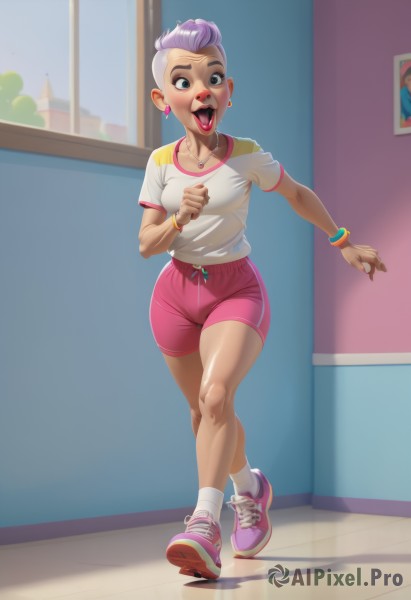 1girl,solo,breasts,blush,smile,short hair,open mouth,shirt,brown eyes,jewelry,medium breasts,collarbone,full body,white shirt,pink hair,purple hair,short sleeves,heart,sweat,earrings,small breasts,shoes,shorts,teeth,tongue,socks,indoors,dark skin,tongue out,necklace,bracelet,dark-skinned female,lips,see-through,short shorts,window,makeup,cameltoe,upper teeth only,piercing,lipstick,white socks,bike shorts,t-shirt,wristband,sneakers,pendant,walking,running,watch,pink footwear,bangle,wristwatch,very short hair,undercut,tomboy,pink shorts,buck teeth,looking at viewer,multicolored hair,artist name,two-tone hair,crossed legs,eyeshadow,mohawk,tongue piercing,nose piercing