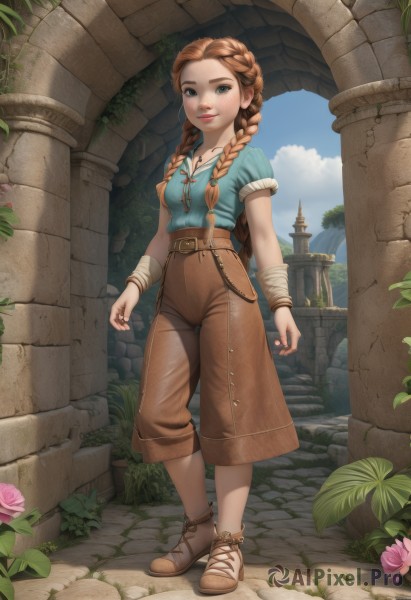 1girl,solo,long hair,breasts,looking at viewer,smile,blue eyes,brown hair,shirt,jewelry,standing,full body,braid,flower,short sleeves,small breasts,outdoors,sky,shoes,shorts,day,belt,pants,artist name,cloud,necklace,orange hair,twin braids,bracelet,blue sky,lips,rose,leaf,watermark,brown footwear,blue shirt,plant,hair over shoulder,pink flower,freckles,brown pants,pink rose,brown shorts,pillar,arch,nail polish,brown belt