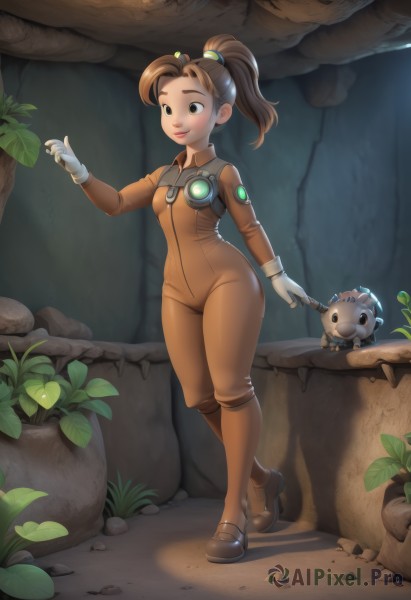 1girl,solo,long hair,breasts,smile,brown hair,hair ornament,gloves,brown eyes,closed mouth,green eyes,standing,full body,ponytail,small breasts,boots,shoes,artist name,white gloves,fingerless gloves,lips,bodysuit,makeup,leaf,high ponytail,plant,robot,web address,nose,jumpsuit,cave,looking at another,freckles