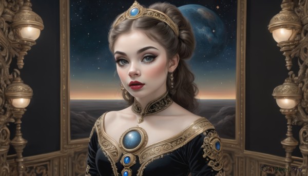 1girl,solo,long hair,looking at viewer,blue eyes,brown hair,dress,jewelry,collarbone,upper body,earrings,sky,choker,hair bun,black dress,lips,grey eyes,makeup,blue dress,tiara,crown,lipstick,gem,pale skin,star (sky),eyeshadow,starry sky,gold trim,realistic,red lips,space,planet,earth (planet),breasts,black hair,parted lips,necklace,portrait,gold