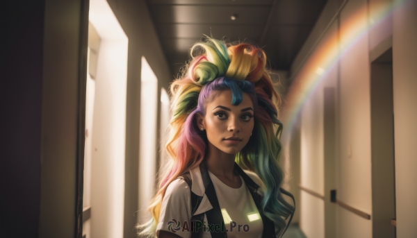 1girl,solo,long hair,looking at viewer,smile,blonde hair,shirt,brown eyes,jewelry,closed mouth,blue hair,white shirt,upper body,ponytail,purple hair,short sleeves,multicolored hair,earrings,green hair,artist name,indoors,dark skin,two-tone hair,dark-skinned female,lips,makeup,sunlight,suspenders,freckles,nose,door,rainbow,hallway,rainbow hair,bangs,blue eyes,pink hair,backpack,t-shirt,messy hair