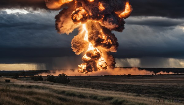 standing,outdoors,sky,cloud,military,no humans,glowing,cloudy sky,grass,fire,ground vehicle,scenery,smoke,science fiction,monster,realistic,size difference,military vehicle,giant,water,ocean,1other,horizon,explosion