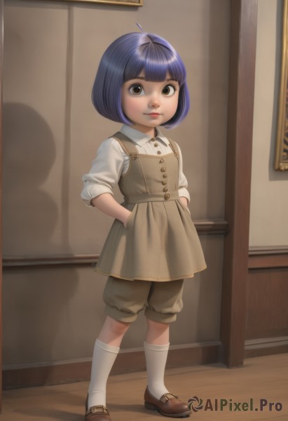 1girl,solo,looking at viewer,smile,short hair,bangs,shirt,dress,brown eyes,closed mouth,blue hair,standing,full body,white shirt,purple hair,shoes,shorts,socks,collared shirt,indoors,blunt bangs,lips,kneehighs,buttons,shadow,brown footwear,border,bob cut,white socks,loafers,child,sleeves rolled up,hands in pockets,female child,pinafore dress,brown dress,brown shorts,ahoge