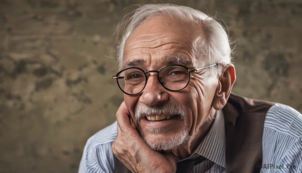 solo,looking at viewer,smile,shirt,1boy,upper body,white hair,grey hair,male focus,glasses,teeth,striped,collared shirt,blurry,black eyes,vest,blurry background,facial hair,blue shirt,portrait,beard,hand on own face,black-framed eyewear,head rest,striped shirt,realistic,round eyewear,mustache,hand on own cheek,old,old man,wrinkled skin,white shirt,parted lips,necktie,lips,vertical stripes,hand on own chin,pinstripe pattern,vertical-striped shirt,pinstripe shirt