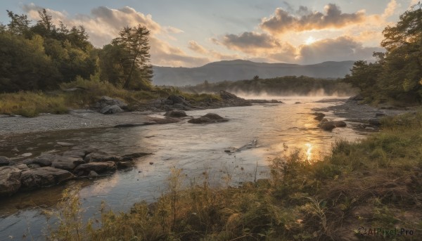 outdoors,sky,day,cloud,water,tree,no humans,cloudy sky,grass,plant,nature,scenery,forest,reflection,sunset,rock,mountain,river,landscape,lake,sunlight,sun,evening,stream