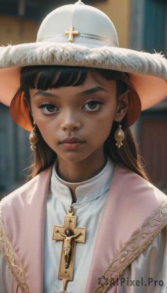 1girl,solo,long hair,looking at viewer,bangs,brown hair,shirt,black hair,hat,brown eyes,jewelry,closed mouth,white shirt,upper body,earrings,indoors,necklace,blurry,lips,eyelashes,depth of field,blurry background,white headwear,cross,freckles,sun hat,realistic,nose,dark skin,dark-skinned female,thick eyebrows,portrait