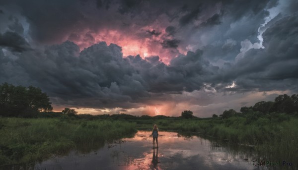 1girl,solo,long hair,standing,outdoors,sky,cloud,water,from behind,tree,cloudy sky,grass,nature,scenery,forest,reflection,sunset,facing away,wide shot,evening,lake,reflective water,very wide shot,holding,weapon,sunlight,horizon,landscape