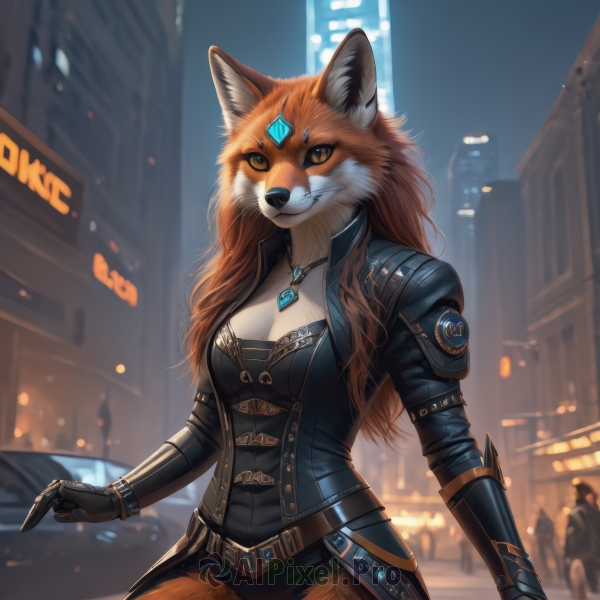 1girl,solo,long hair,breasts,looking at viewer,smile,brown hair,gloves,long sleeves,animal ears,cleavage,brown eyes,jewelry,medium breasts,jacket,tail,yellow eyes,weapon,outdoors,solo focus,black gloves,belt,pants,artist name,necklace,armor,blurry,open jacket,black jacket,fox ears,night,blurry background,fox tail,slit pupils,brooch,fox girl,ground vehicle,gauntlets,building,gem,motor vehicle,furry,pendant,colored sclera,city,furry female,car,fox,city lights,orange fur,sky,orange hair,fangs,realistic,cityscape,leather,snout