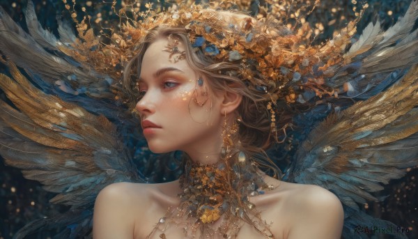 1girl,solo,short hair,blue eyes,blonde hair,brown hair,hair ornament,bare shoulders,jewelry,collarbone,upper body,earrings,parted lips,wings,lips,looking to the side,eyelashes,makeup,looking away,feathers,crown,gem,portrait,feathered wings,freckles,red lips,gold,long hair,closed mouth,flower,nude,hair flower,floating hair,black background,blue flower,realistic,nose,multiple wings