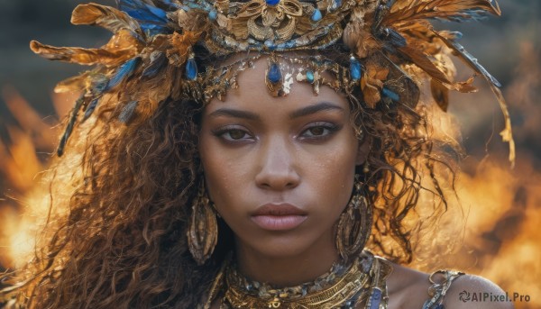 1girl,solo,long hair,looking at viewer,brown hair,hair ornament,bare shoulders,brown eyes,jewelry,closed mouth,earrings,dark skin,necklace,blurry,dark-skinned female,lips,eyelashes,blurry background,wavy hair,fire,feathers,portrait,freckles,curly hair,hoop earrings,realistic,headdress,gold,gem,feather hair ornament