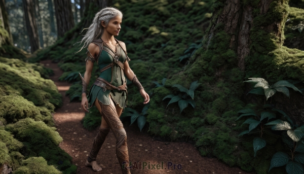 1girl,solo,long hair,breasts,blue eyes,skirt,bare shoulders,jewelry,braid,white hair,outdoors,barefoot,necklace,bracelet,tree,lips,plant,elf,nature,armlet,forest,walking,realistic,bracer,tribal,ankle wrap,dirty feet,pointy ears,dark skin,armor,dark-skinned female,leaf,scenery