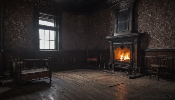 day,indoors,book,no humans,window,shadow,chair,table,sunlight,fire,scenery,wooden floor,stairs,door,lamp,candle,wall,candlestand,fireplace,wooden chair,tiles,light,tile floor,brick wall,stool,stone floor